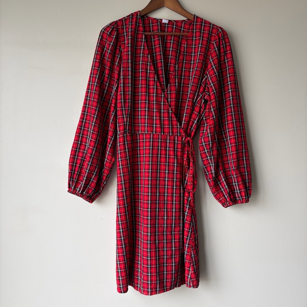 Old Navy Womens Red Plaid Long Sleeve Wrap Mini Dress XL 526927-00